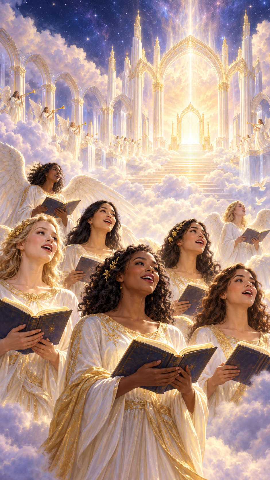 Anges et chanteuses tenant des recueils de cantiques